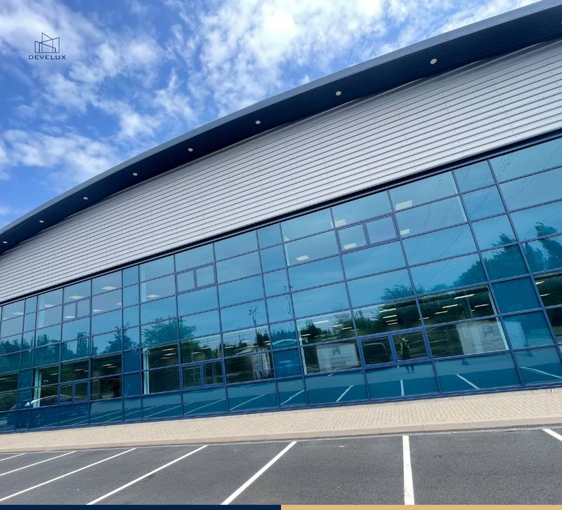 Industrial unit exterior with blue glazing